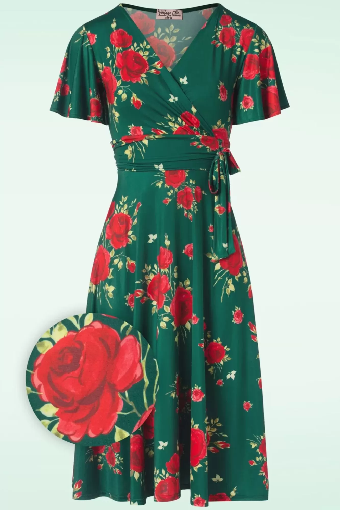 Vintage Chic for Topvintage Irene Flower Cross Over Swing Jurk In Silky Green | Vrouwen Plus Size Jurken