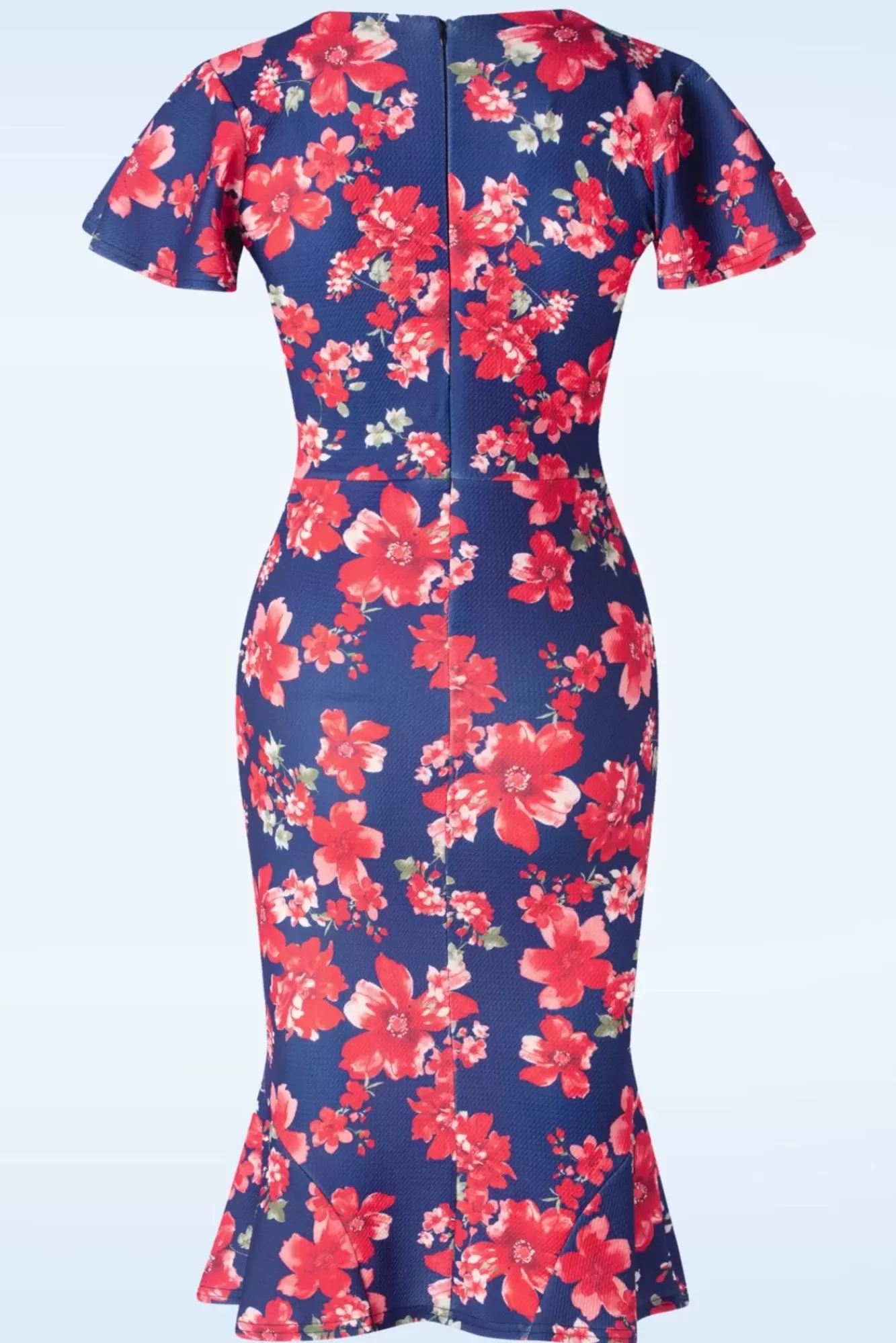 Vintage Chic for Topvintage Katie Floral Pencil Jurk In Marineblauw En Rood | Vrouwen Plus Size Jurken