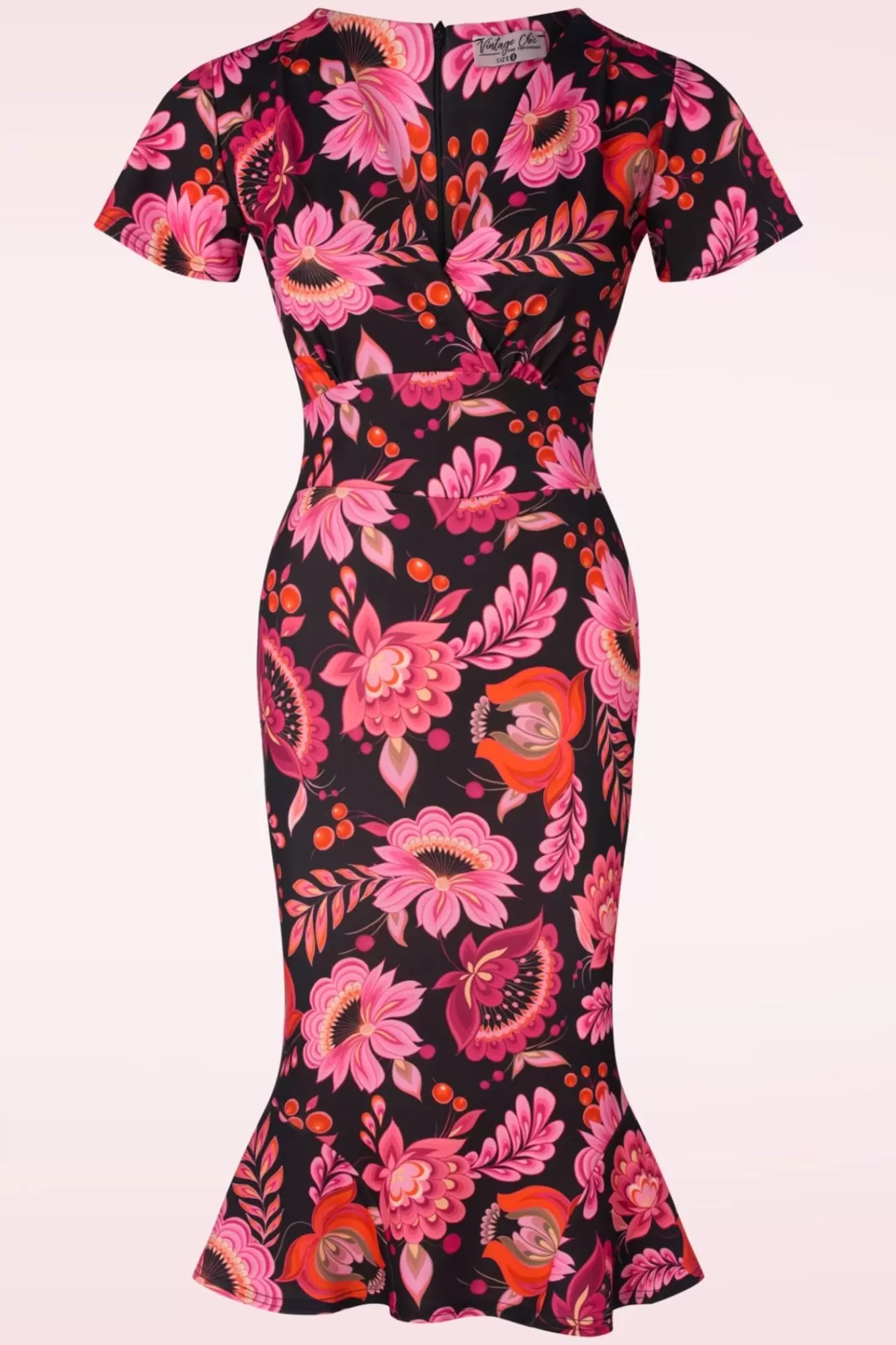 Vintage Chic for Topvintage Katie Floral Pencil Jurk In Zwart En Roze | Vrouwen Plus Size Jurken