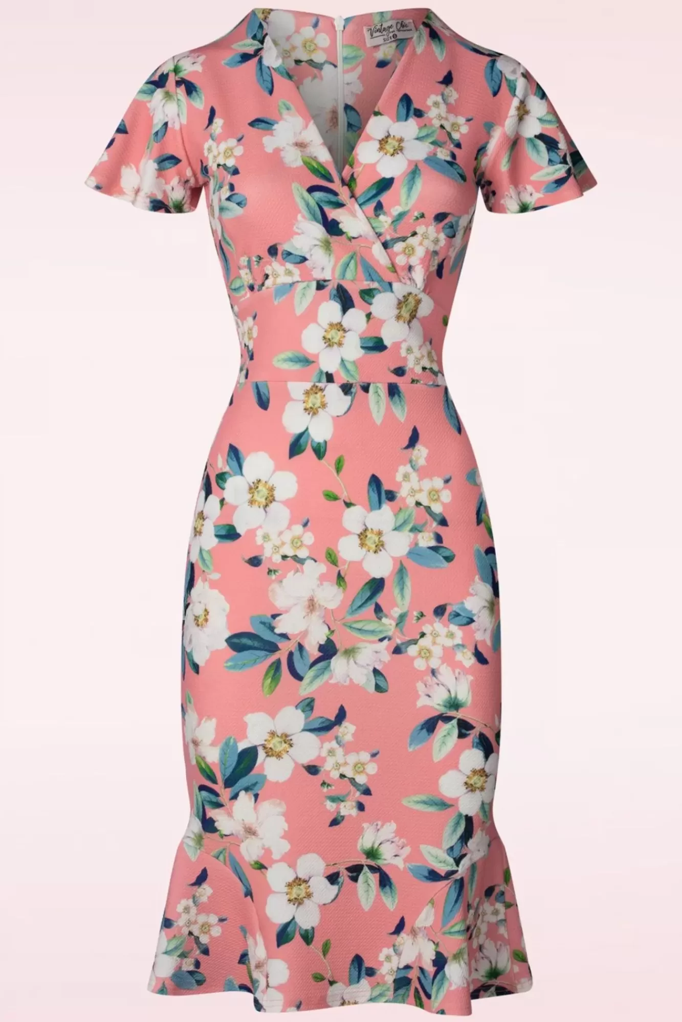 Vintage Chic for Topvintage Katie Pencil Jurk Met Bloemenprint In Perzik | Vrouwen Plus Size Jurken