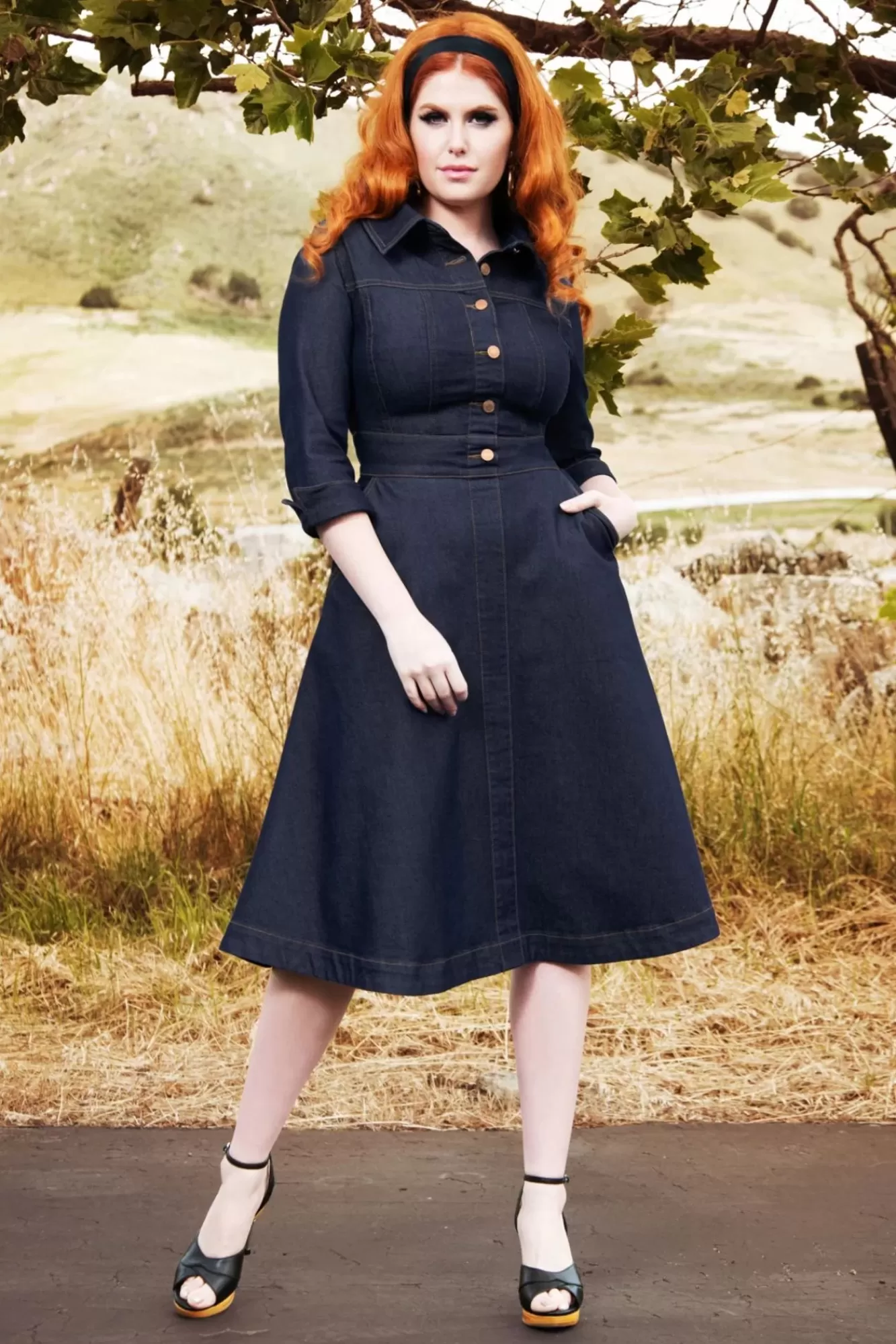 Rock-a-Booty Lauren Swing Jurk In Donkerdenim | Vrouwen Plus Size Jurken