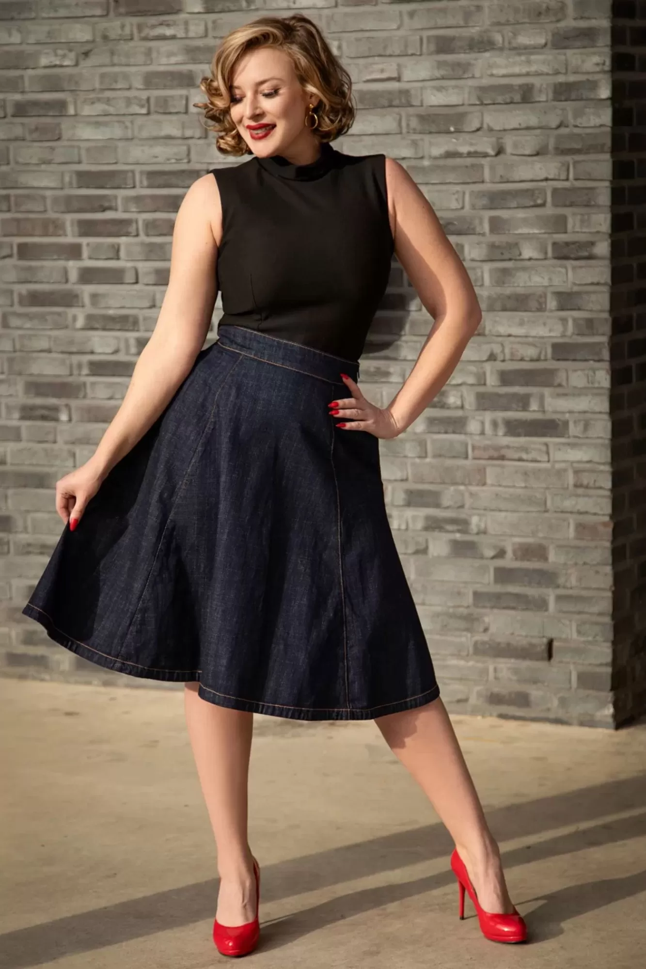 Rock-a-Booty Mona Lee Swing Rok In Donkerdenim | Vrouwen Rokken