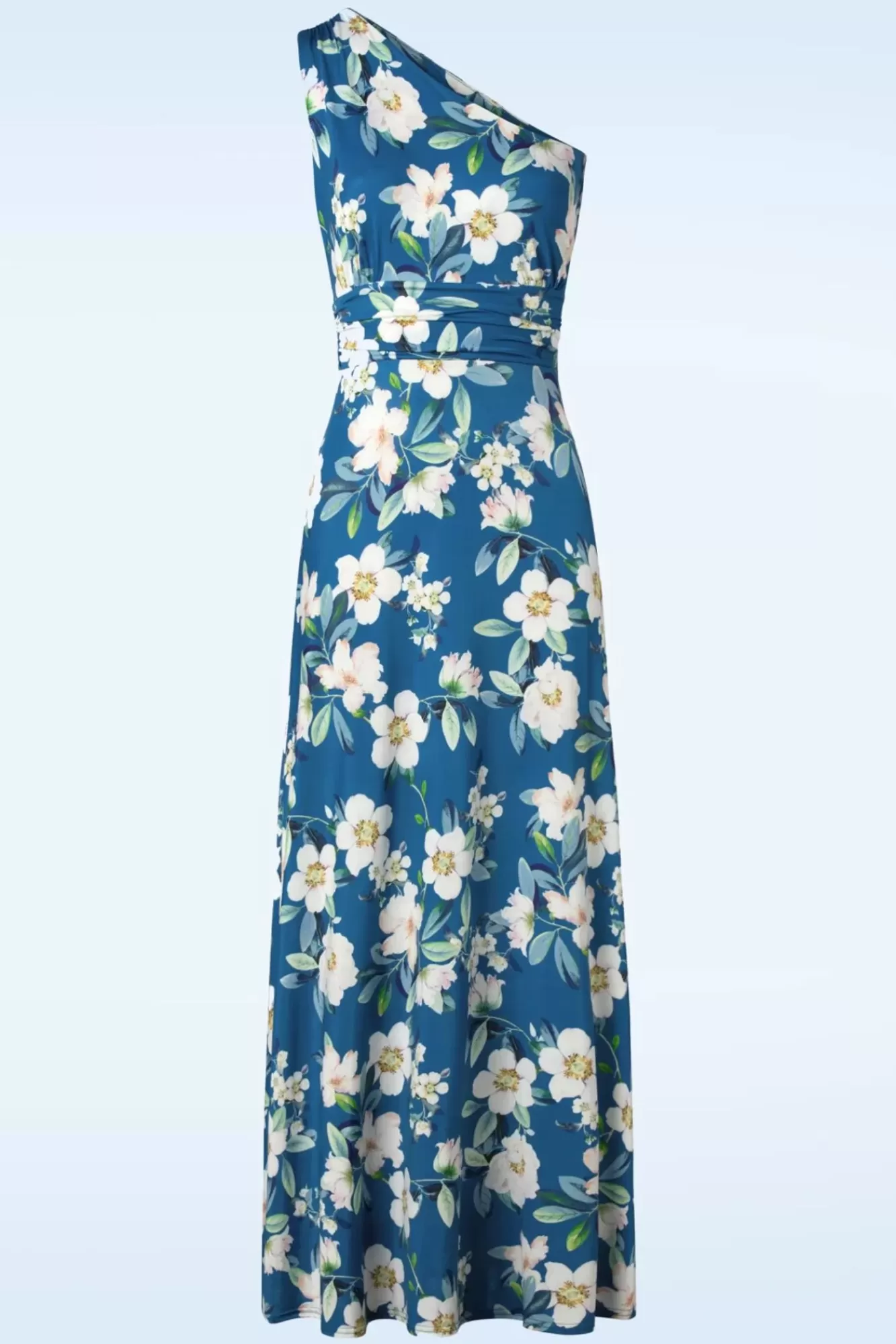 Vintage Chic for Topvintage Olga Flowers One Shoulder Maxi Jurk In Blauw | Vrouwen Plus Size Jurken