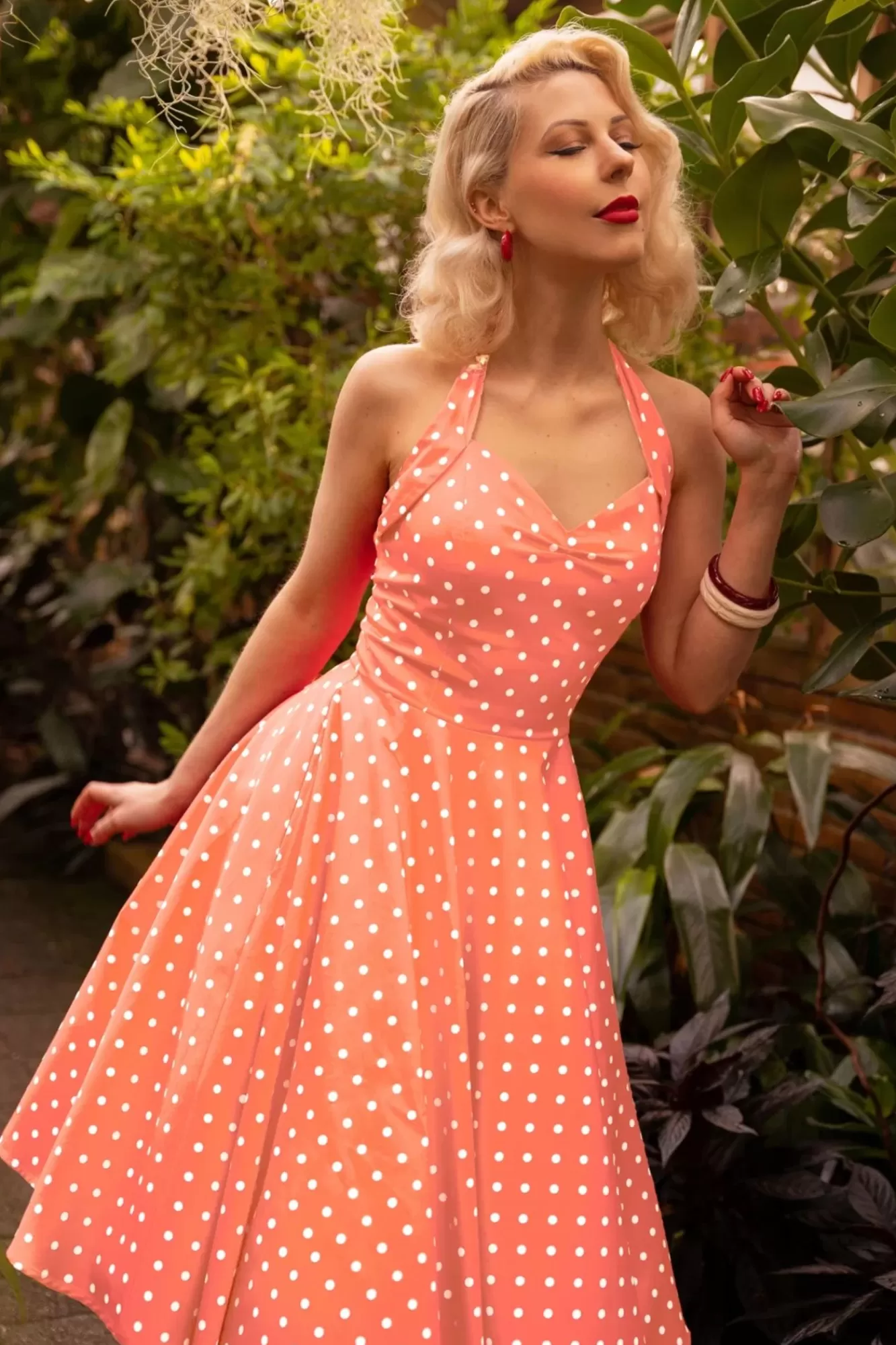Topvintage Boutique Collection Topvintage Exclusive ~ Bettie Polka Dot Swing Jurk In Oranje | Vrouwen Plus Size Jurken